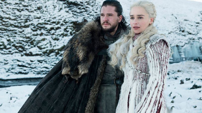 This photo released by HBO shows Kit Harington as Jon Snow, left, and Emilia Clarke as Daenerys Targaryen in a scene from "Game of Thrones," which premiered its eighth season on Sunday.