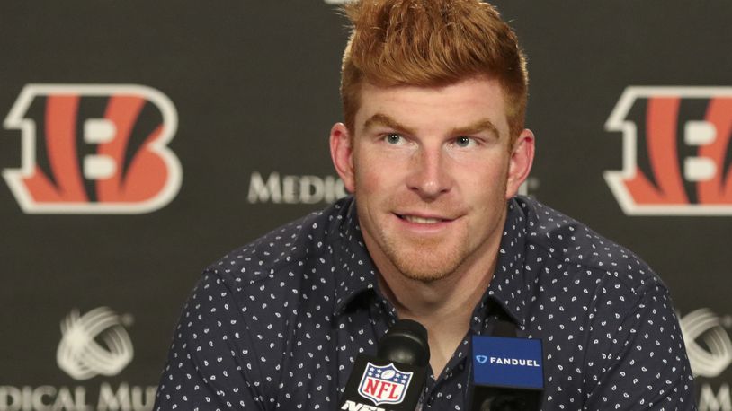 Cincinnati Bengals quarterback Andy Dalton speaks during a news conference after an NFL football game against the Cleveland Browns, Sunday, Nov. 26, 2017, in Cincinnati. (AP Photo/Gary Landers)