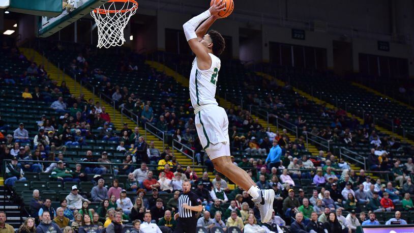 Wright State's Tanner Holden goes up for a dunk during a game vs. IUPUI at the Nutter Center on Nov. 29, 2023. Wright State Athletics photo