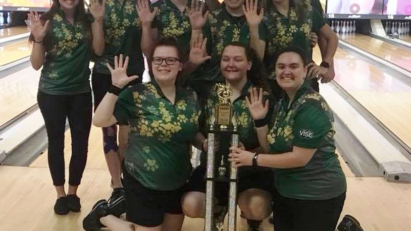 The Wright State women’s bowling team opened its season with a fifth consecutive win at the University of Northwestern Ohio Racer Classic.From left, front row: Seniors Sarah Carpenter, Tori Pappas and Kira Lade. Second row: Assistant coach Alyssa Oster, Elizabeth Oster (fr.), Jessica Pitt (so.), Madison Stiffler (fr.), Briann McKnight (fr.) and head coach Jeff Fleck.