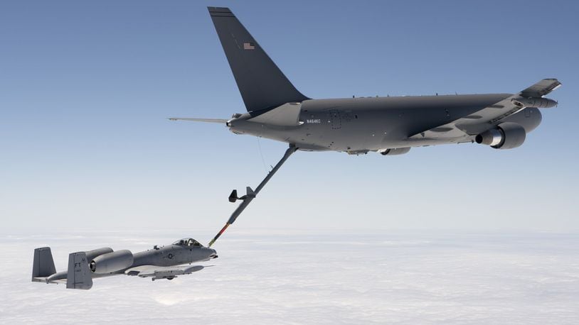 KC-46 Pegasus refuels a A-10 attack plane. CONTRIBUTED