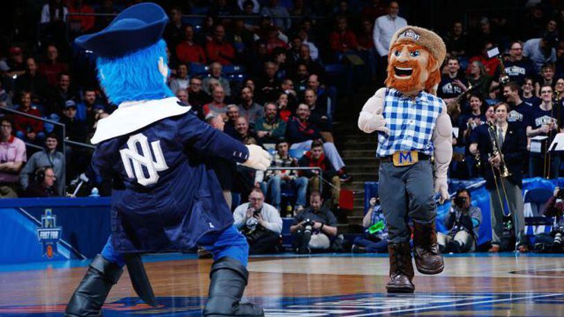 DAYTON, OH - MARCH 14:  The Mount St. Mary's Mountaineers mascot and the New Orleans Privateers mascot perform during the First Four game in the 2017 NCAA Men's Basketball Tournament at UD Arena on March 14, 2017 in Dayton, Ohio.  (Photo by Joe Robbins/Getty Images)
