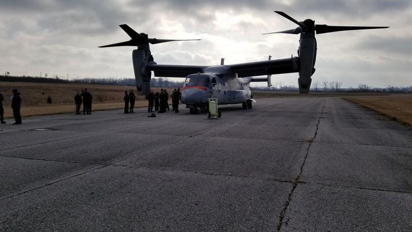 A Marine Corps MV-22 landed at Wright-Patterson Air Force Base on Tuesday to become a permanent part of medical studies at the Naval Medical Research Unit-Dayton. CONTRIBUTED