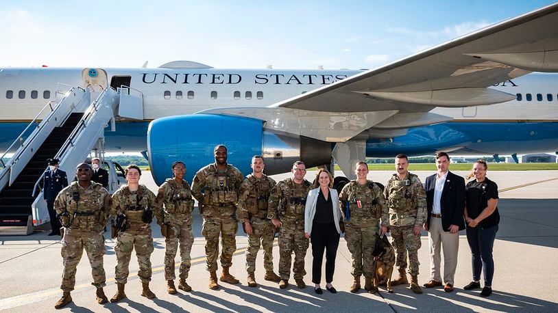 Airmen from the 88th Security Forces Squadron pose with Deputy Secretary of Defense Kathleen Hicks, who visited Wright-Patterson Air Force Base on Aug. 17. DEPARTMENT OF DEFENSE PHOTO/LISA FERDINADO