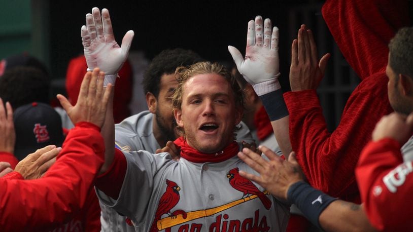 The Cardinals’ Harrison Bader celebrates after a two-run home run against the Reds on Sunday, April 15, 2018, at Great American Ball Park in Cincinnati. David Jablonski/Staff