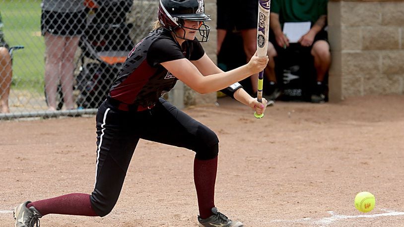 Lebanon’s Alex Gibson lays down a sacrifice bunt against Mason during their Division I regional softball final at Kings last Sunday. CONTRIBUTED PHOTO BY E.L. HUBBARD