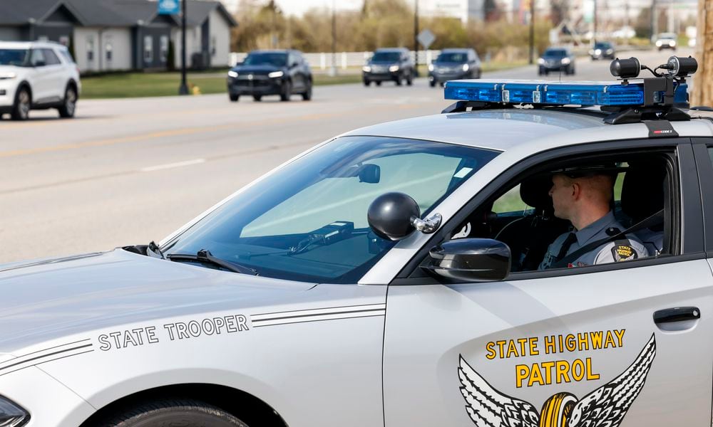Ohio State Highway Patrol Sgt. Tyler Ross explained the new distracted driving law that goes into effect Tuesday, April 4, 2023. There will be a 6-month warning phase before troopers can start writing tickets for distracted driving as a main offense. NICK GRAHAM/STAFF