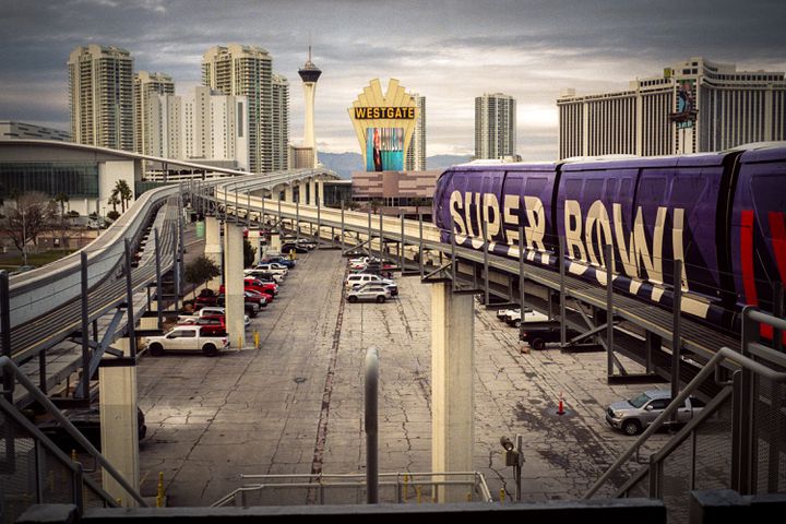 A view from the convention center of the monorail, looking towards downtown Las Vegas, Feb. 4, 2024. (Sinna Nasseri/The New York Times)