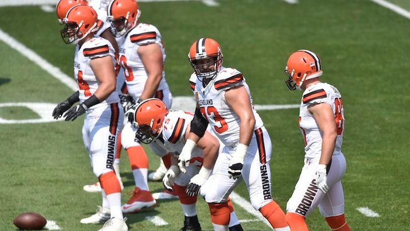 Cleveland Browns tackle Joe Thomas (73) and the Browns offensive line during an NFL football game against the Pittsburgh Steelers, Sunday, Sept. 10, 2017, in Cleveland. Pittsburgh won 21-18. (AP Photo/David Richard)