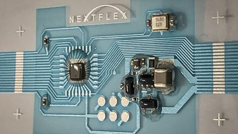 An Air Force Research Laboratory-led project in conjunction with NextFlex, America’s Flexible Hybrid Electronics Institute, has led to the development of a new, flexible Arduino circuit board system that takes advantage of flexible hybrid electronics manufacturing processes. (Courtesy photo/NextFlex)
