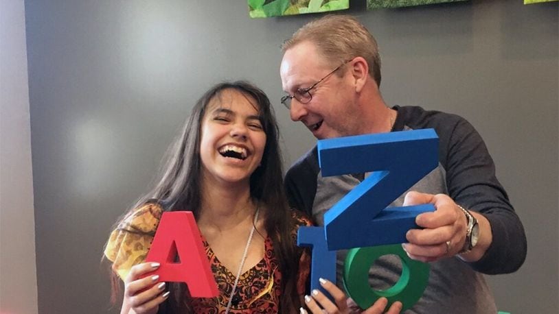 Amanda Bass and family friend Gery Deer. Deer was so impressed with Amanda’s performance on the ThinkTV show, ” I Can Be Anything I Want to Be A - Z” that he hired her to emcee a life variety show in July in Miamisburg. She is just 12 years old. CONTRIBUTED