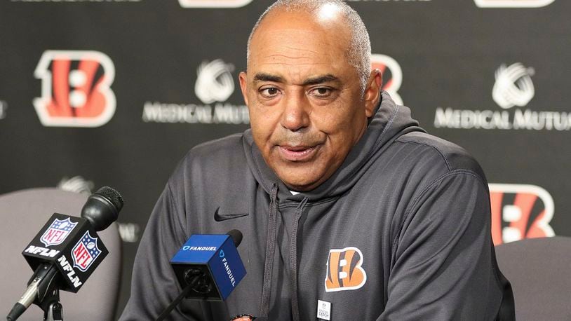 Cincinnati Bengals head coach Marvin Lewis speaks during a news conference after an NFL football game against the Indianapolis Colts, Sunday, Oct. 29, 2017, in Cincinnati. The Bengals won 24-23. (AP Photo/Gary Landers)
