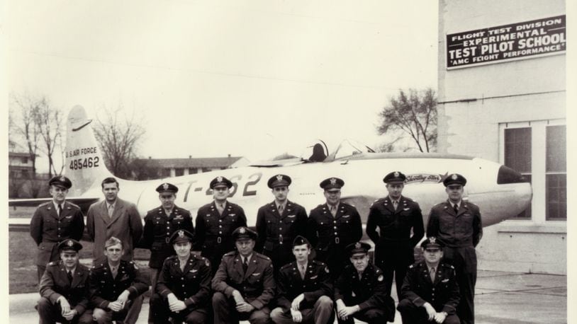 Air Materiel Command Experimental Test Pilot School Class of 1949D at Patterson Field. Front: Capt. J. R. Amann, Maj. J. C. Wise, Maj. G. V. Lane, Maj. P. P. Haug, Lt. R. J. Harer, Lr. R. D. Hippert, Capt. S. P. Parsons. Back row: Maj. K. O. Chilstrom (commandant), J. Krug, Capt. G. B. Quisenberry, Maj. D. A. Johnson, Capt L. K. Nesselbush, Capt. R. M. Roth, Capt, R. L. Stephens, Capt. R. M. Howe.

Photo credit: Air Force Life Cycle Management Center History Office
