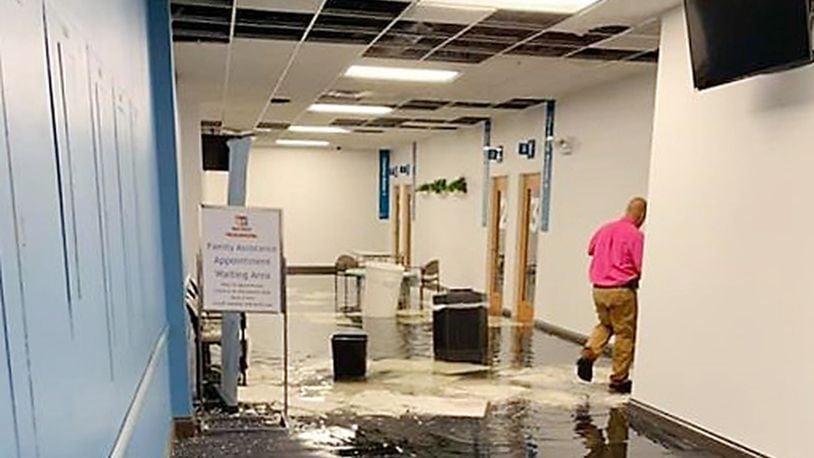 A massive roof leak overnight caused flooding inside the Job Center leaving Montgomery County Family Assistance Division caseworkers unable to access cases or start new ones within the eligibility system. MONTGOMERY COUNTY PHOTO