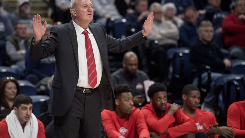 Ohio State coach Thad Matta yells to his players during the team’s NCAA college game against Penn State on Tuesday, Feb. 28, 2017, in State College, Pa. (Abby Drey/Centre Daily Times via AP)