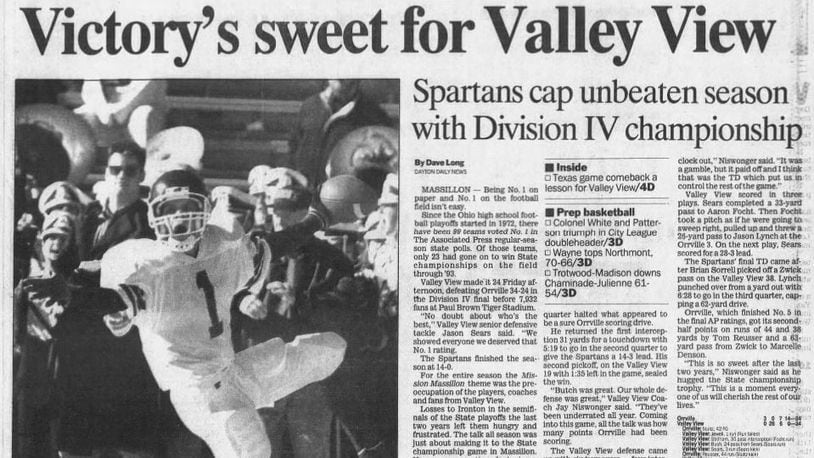 Coverage of the Valley View High School football team's state championship in 1994.