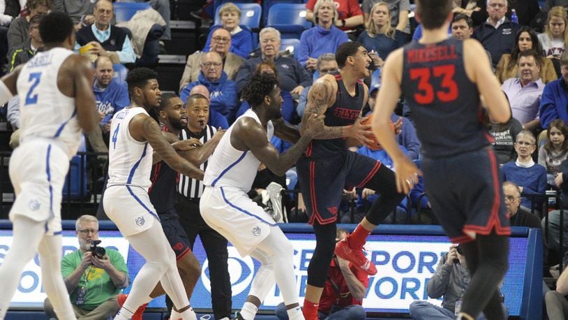 Saint Louis forward D.J. Foreman is called for an intentional foul after grabbing Dayton’s Obi Toppin in the first half on Tuesday, Feb. 5, 2019, at Chaifetz Arena in St. Louis. David Jablonski/Staff