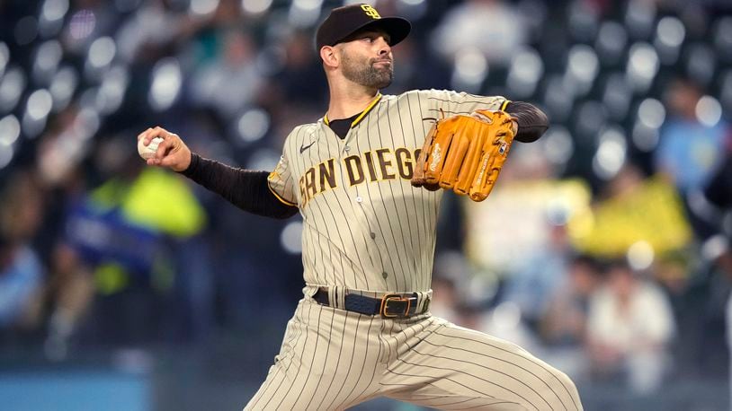 San Diego Padres starting pitcher Nick Martinez delivers during the first inning of the team's baseball game against the Chicago White Sox on Friday, Sept. 29, 2023, in Chicago. (AP Photo/Charles Rex Arbogast)
