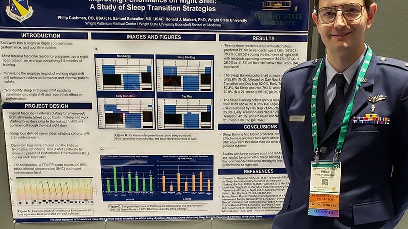 Maj. Phil Cushman, a Wright-Patterson Medical Center operational internal medicine resident, stands next to his clinical research poster April 28 at the National Abstract Competition in Chicago. Cushman won the 2022 American College of Physicians resident fellow poster event. CONTRIBUTED PHOTO