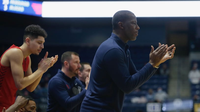 Dayton's Anthony Grant coaches during a game against Rhode Island on Monday, Feb. 14, 2022, at the Ryan Center in Kingston, R.I. David Jablonski/Staff
