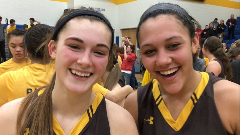 Alter senior Libby Bazelak (left) and Braxtin Miller were named to the D-II All-Ohio girls high school basketball first team. MARC PENDLETON / STAFF