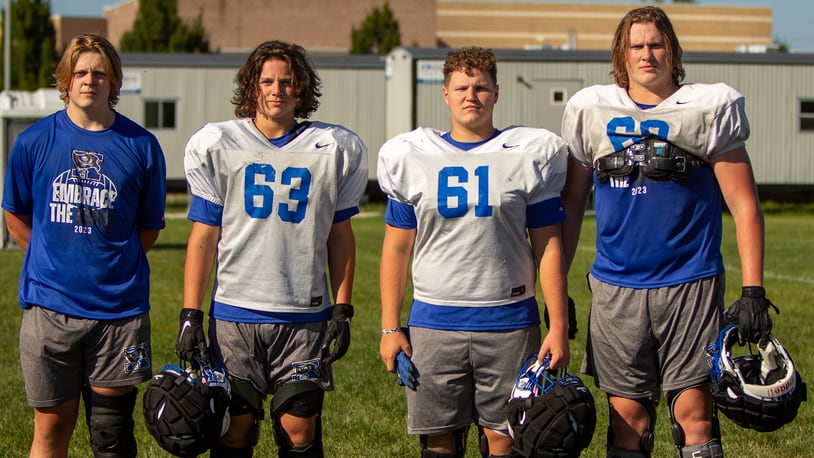 Xenia's four returning starters on the offensive line, from left to right, Caleb Sellers, Kaleb Martin, Gunnar Stephan and Gabe Funk. Jeff Gilbert/CONTRIBUTED