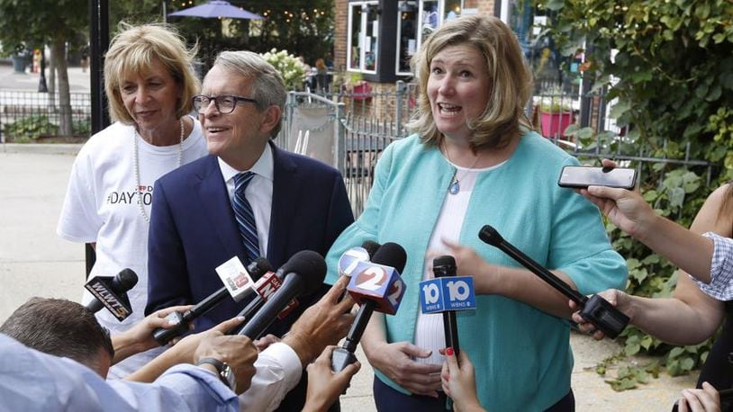 Gov. Mike DeWine, Dayton Mayor Nan Whaley talk to the media in this file photo.