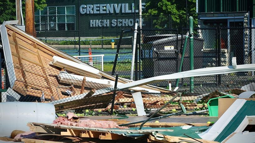 Storm damage at Harmon Field at Greenville High School after Tuesday night storms on May 7, 2024 hit the area.MARSHALL GORBY \STAFF
