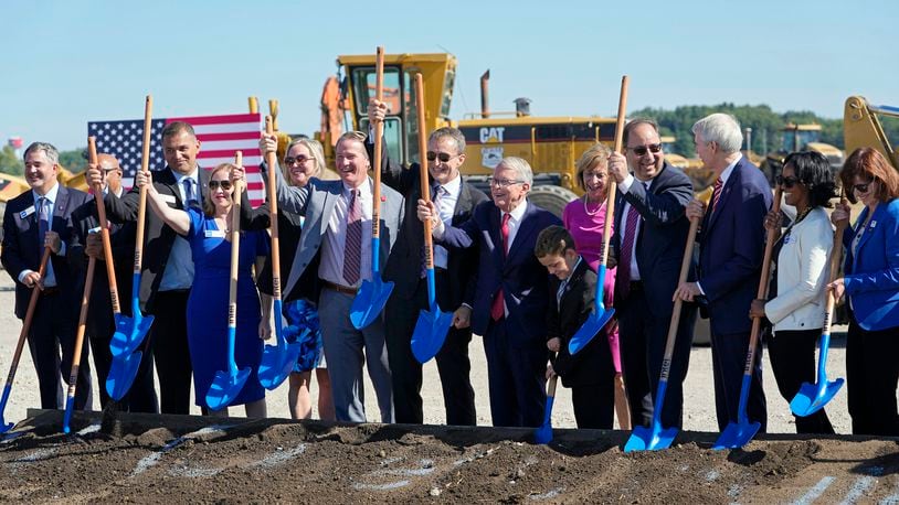 Alongside Intel CEO Pat Gelsinger, Gov. Mike DeWine and a host of business leaders, Intel broke ground Friday, Sept. 9, 2022, on a $20 billion microchip manufacturing project in New Albany, Ohio, (Adam Cairns/The Columbus Dispatch via AP)