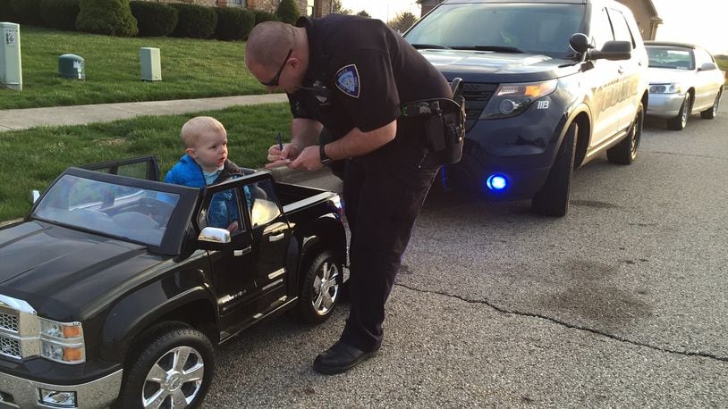Officer Brian Blackaby, a Xenia patrolman, said he was in the area of Hollywood Boulevard when he spotted 1-year-old Braydon in his model Chevrolet Silverado, Friday, March 25, 2016. (Xenia Police Division)