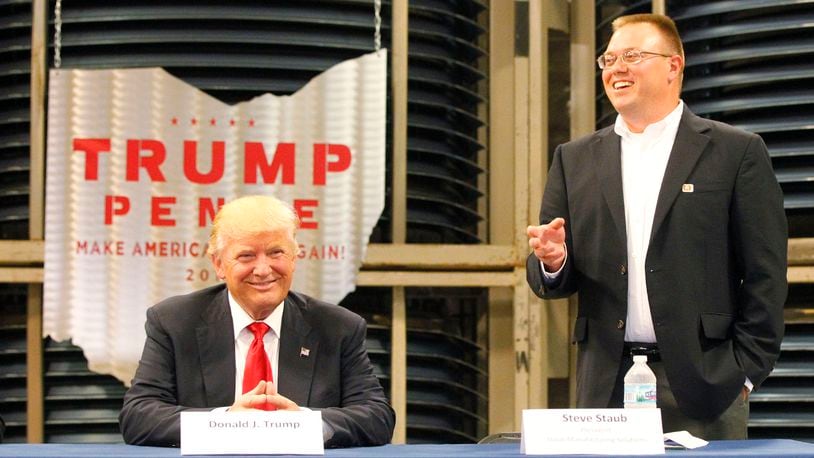 Then-presidential candidate Donald Trump visited Staub Manufacturing Solutions in September 2016, where he attended a roundtable discussion hosted by Steve Staub, president of the company, and his sister, Sandy Keplinger, vice president. TY GREENLEES / STAFF