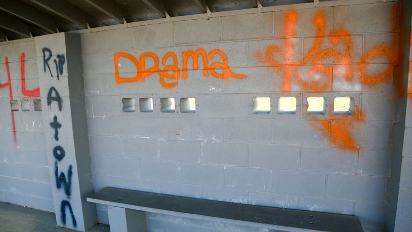 Graffiti in the dugouts at the baseball fields in Crawford Woods Park in Hamilton. GREG LYNCH/STAFF