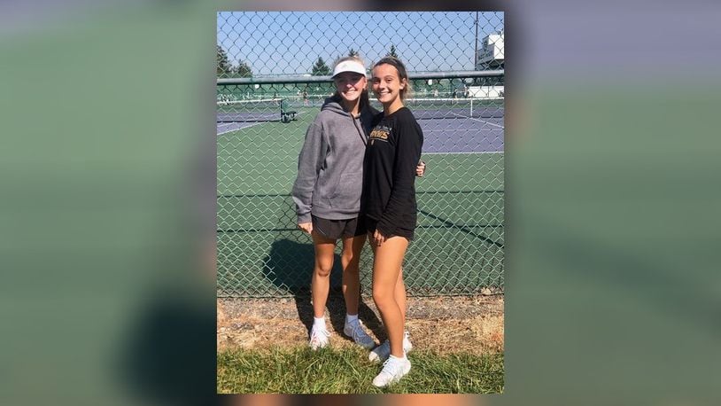 Centerville's Clara Owen (left) and Caroline Hinshaw won a Division I sectional doubles title on Wednesday at Centerville High School. Debbie Juniewicz/CONTRIBUTED
