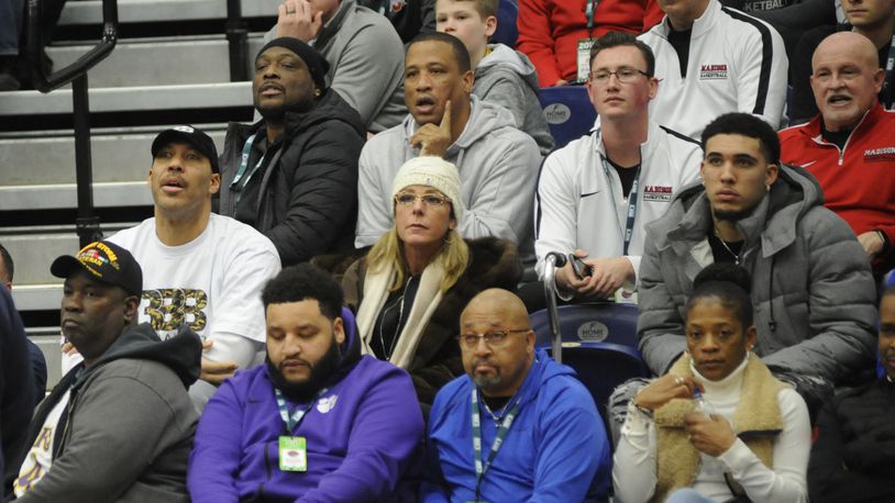 Three members (second row) of the Ball family: LaVar (left), wife Tina and middle son LiAngelo. Prolific Prep defeated Spire Academy 94-59 in Flyin’ to the Hoop at Trent Arena on Monday, Jan. 21, 2019. MARC PENDLETON / STAFF