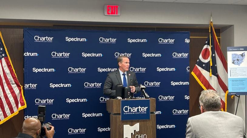 Ohio Lt. Gov. John Husted addresses a room at the Ohio Chamber of Commerce as Spectrum announces a $750 million investment to expand broadband access in Ohio.