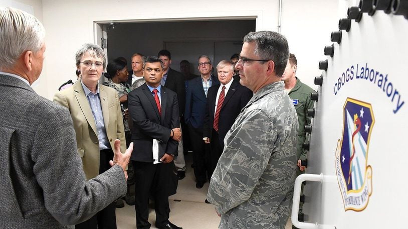 Air Force Secretary Heather Wilson at Wright-Patterson Air Force Base in 2017. At right is Air Force Research Laboratory Commander Maj. Gen. William Cooley. CONTRIBUTED