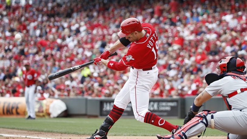 CINCINNATI, OH - AUGUST 06: Joey Votto of the Cincinnati Reds hits a three-run home run in the first inning of a game against the St. Louis Cardinals at Great American Ball Park on August 6, 2017 in Cincinnati, Ohio. (Photo by Joe Robbins/Getty Images)