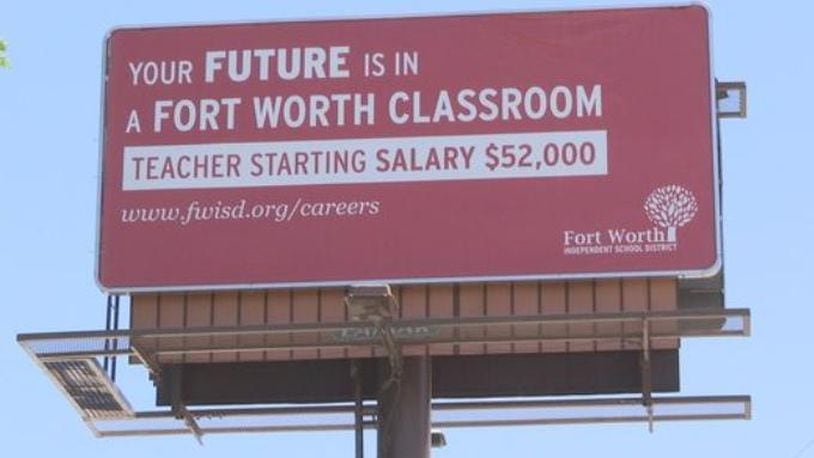 A new billboard campaign in Tulsa, Oklahoma City, Norman and Stillwater hopes to poach current and future teachers from Oklahoma schools and bring them to Fort Worth, Texas. (Photo credit: Fox23.com)