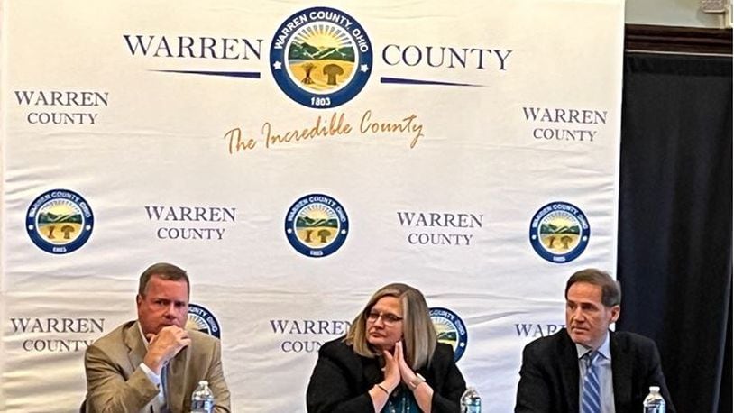 Warren County Commissioners David Young, left, Shannon Jones, center, and Tom Grossmann, gave an update on progress during their State of the County presentation at the Area Progress Council meeting Tuesday afternoon. The commissioners said the state of the county is strong and the county is well positioned for future growth stemming from major projects at the new Intel and Honda plants that are in early development stages. ED RICHTER/STAFF