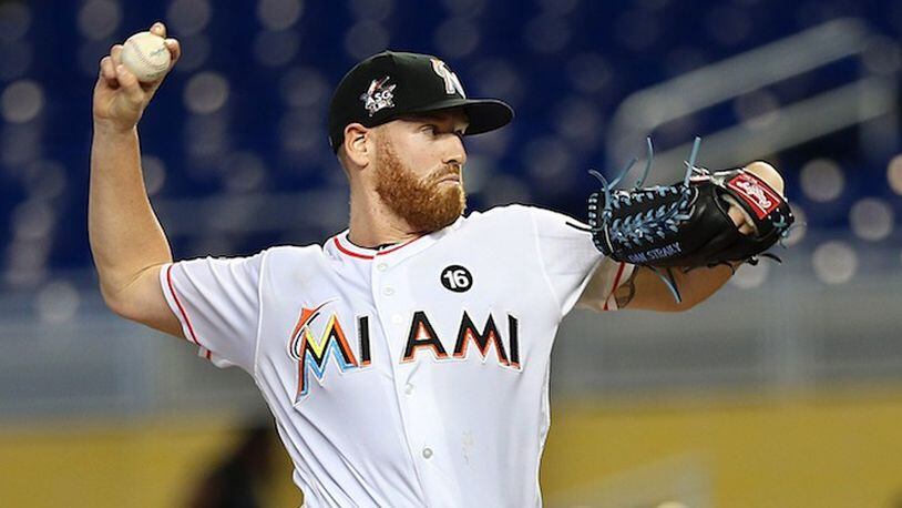 The Miami Marlins' Dan Straily pitches against the Philadelphia Phillies on May 31, 2017, at Marlins Park in Miami. He's been traded four times in 2 1/2 years. (Pedro Portal/Miami Herald/TNS)