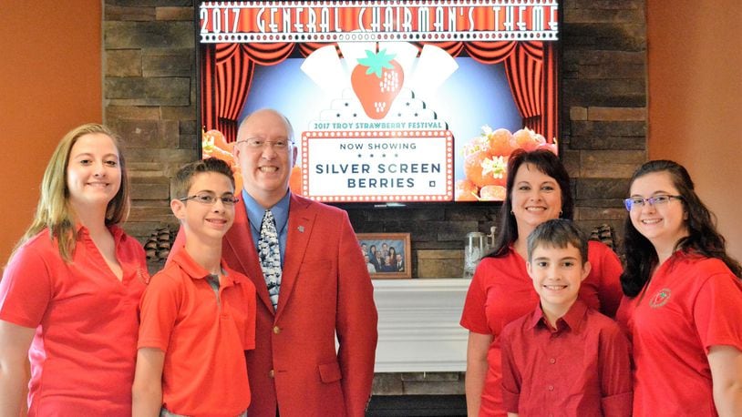 Troy native Matt Watkins (third from left) has made the annual Strawberry Festival a family affair. The family love for movies and berries is reflected in the 2017 festival theme. Pictured with Matt are (from left) Jaclyn, Connor, Lynn (his wife), Ronan and Colleen. CONTRIBUTED