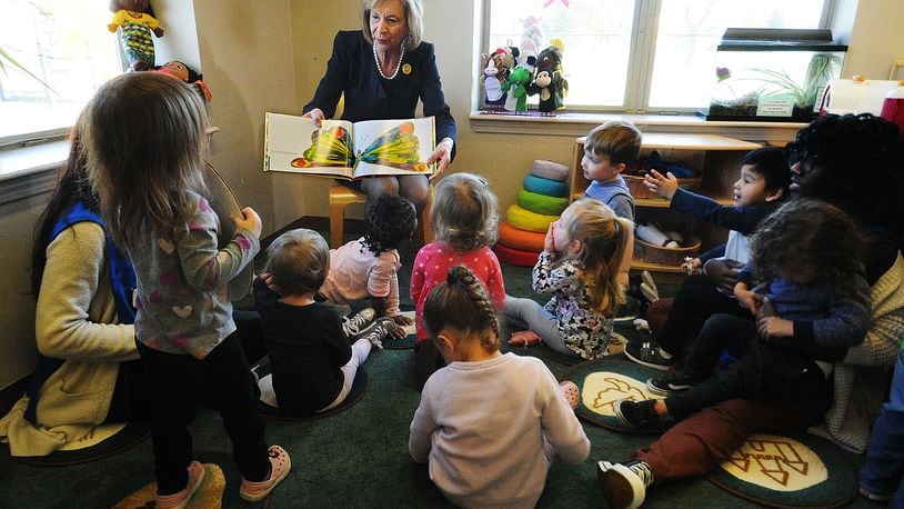 Ohio First Lady Fran DeWine read, Eric Carle’s classic “The Very Hungry Caterpillar” Wednesday, Nov. 15, 2023, to preschool students at the New Horizons Child Development Center located on Wright-Patterson Air Force base. MARSHALL GORBY\STAFF