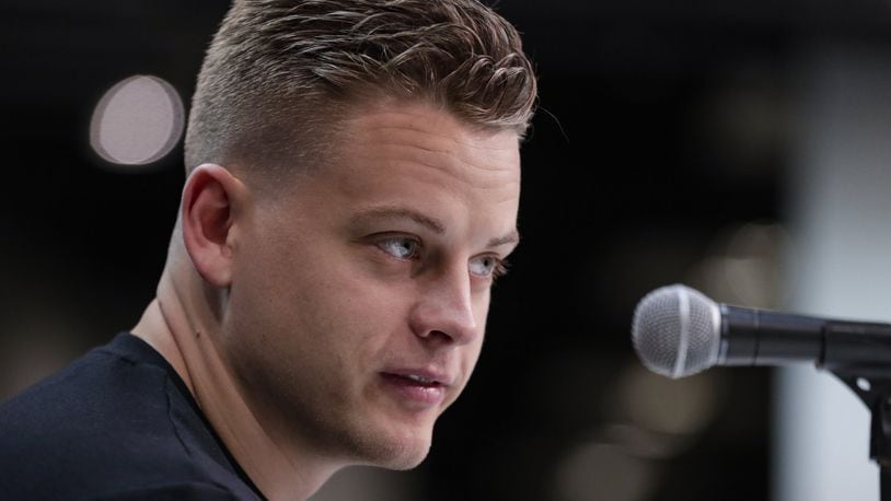 LSU quarterback Joe Burrow speaks during a press conference at the NFL football scouting combine in Indianapolis, Tuesday, Feb. 25, 2020. (AP Photo/Michael Conroy)