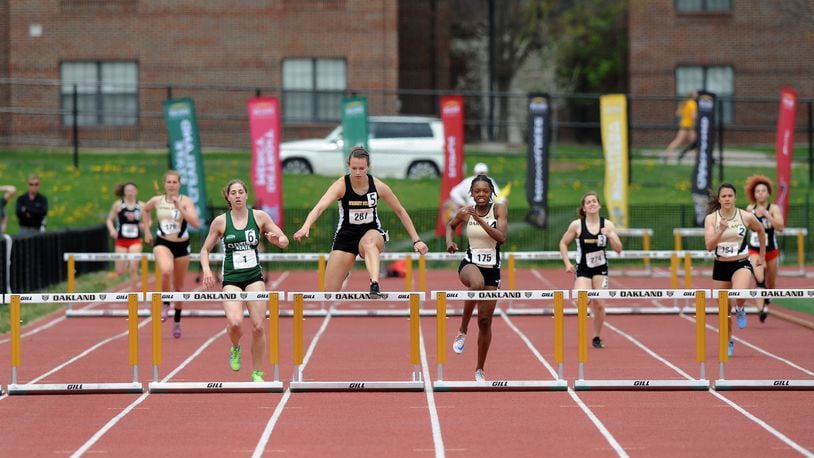 Wright State’s Brooklyn Mikesell leads the field in the 400 hurdles at the Horizon League Championships. CONTRIBUTED