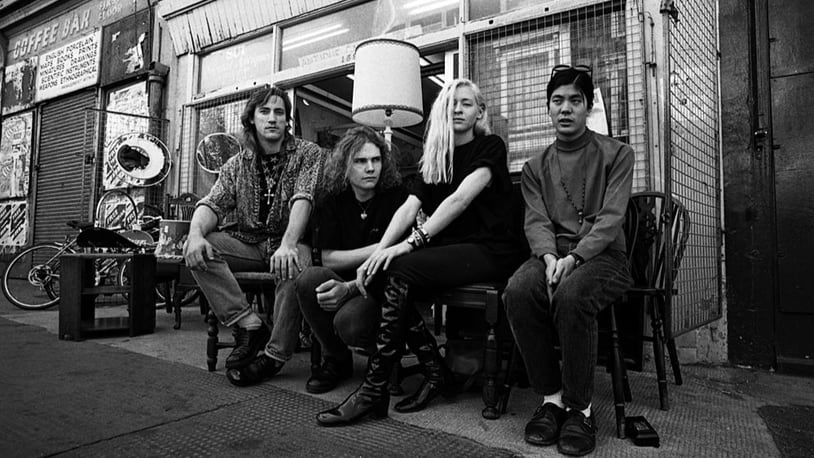 Smashing Pumpkins, group portrait, including Billy Corgan, Jimmy Chamberlin, James Iha and Darcy Wretzsky, Notting Hill, London, United Kingdom, 1992. (Photo by Martyn Goodacre/Getty Images)