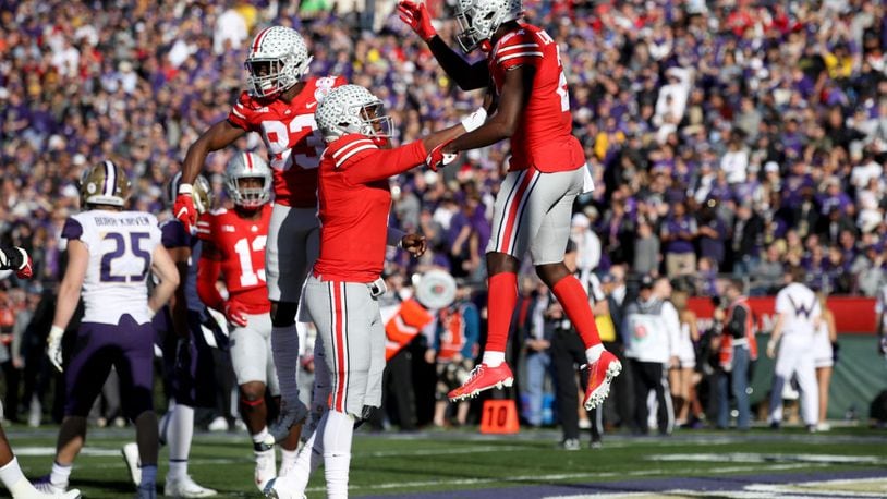 PASADENA, CA - JANUARY 01:  Ohio State Buckeyes  celebrate a touchdown during the first half in the Rose Bowl Game presented by Northwestern Mutual at the Rose Bowl on January 1, 2019 in Pasadena, California.  (Photo by Sean M. Haffey/Getty Images)