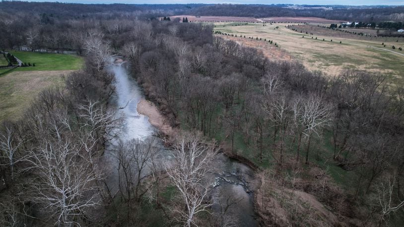 Looking Southwest with a drone at the Little Miami River near Bellbrook Canoe Rental on Washington Mill Road.  A study conducted on the portion of the Little Miami River in Greene County shows the scenic state river has economic development potential with recreation and other uses.