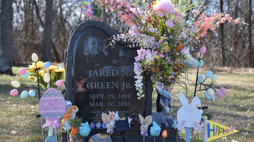 The headstone of Jared Green Jr., a 3-year-old boy who accidentally shot himself with a gun that belonged to Benjamin Bishop, the boyfriend of his mother. Jared is buried at a Rose Hill Burial Park, a cemetery in Hamilton, Ohio. CORNELIUS FROLIK / STAFF