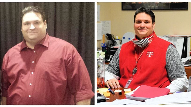 Before and after: Dave Stevens lost more than 60 pounds during the pandemic.