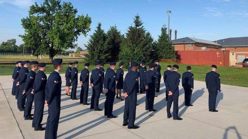 Airman Leadership School class 19-E stands at parade rest in preparation for their service dress uniform inspection. (Courtesy photo)
